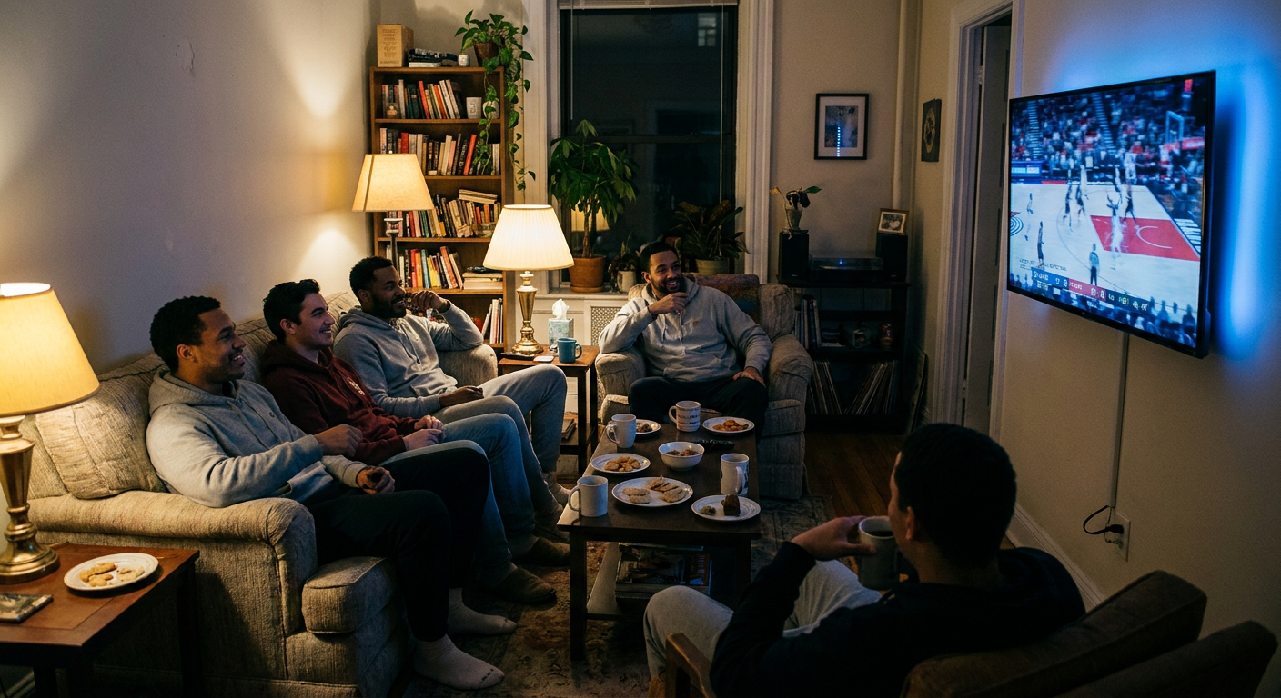 A candid editorial photograph of people watching TV at home, mood loosely