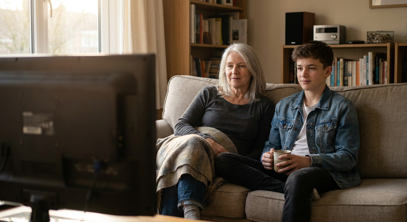 A candid editorial photograph of people watching TV at home, mood loosely