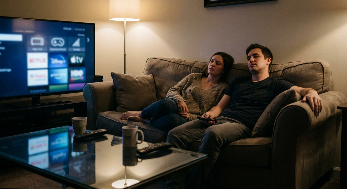 A candid editorial photograph of people watching TV at home, mood loosely
