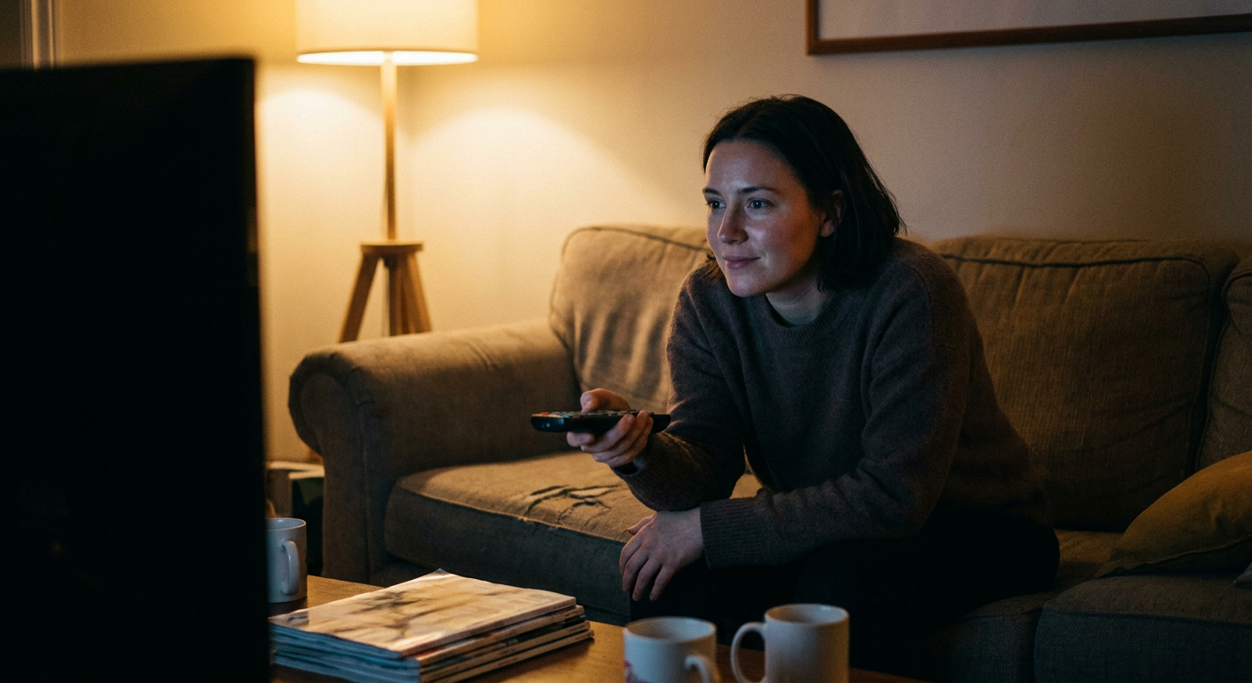 A candid editorial photograph of people watching TV at home, mood loosely