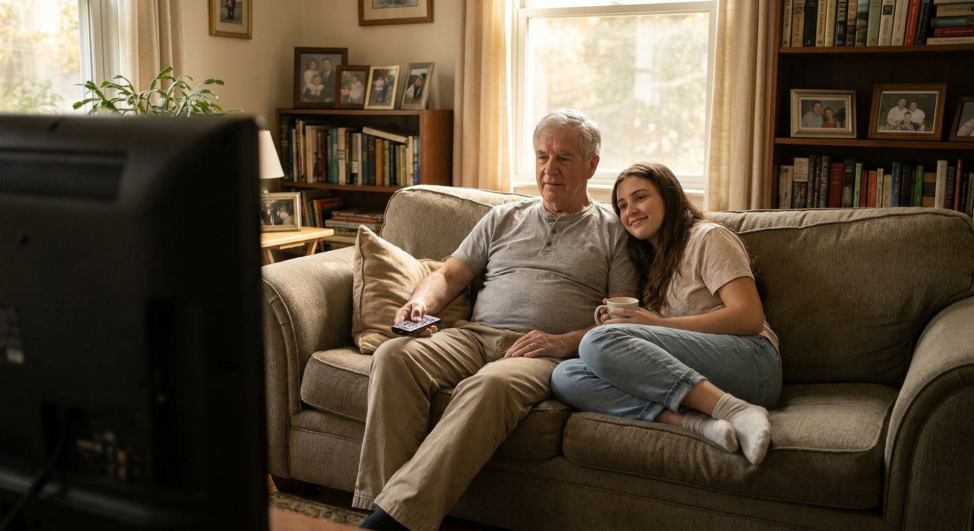 A candid editorial photograph of people watching TV at home, mood loosely
