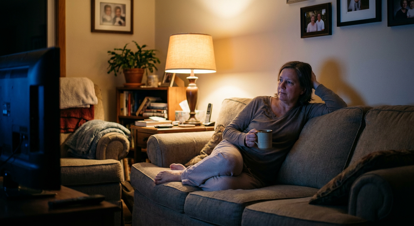 A candid editorial photograph of people watching TV at home, mood loosely