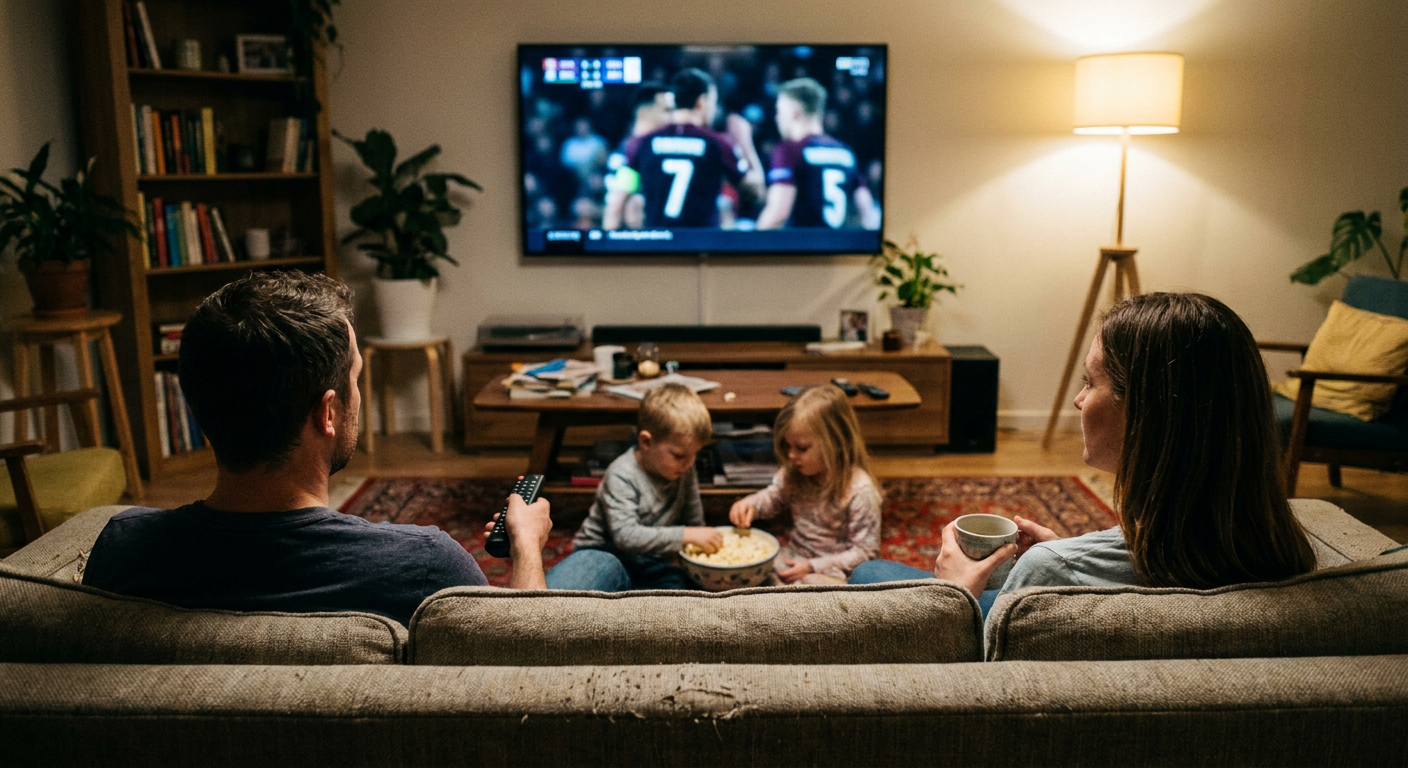A candid editorial photograph of people watching TV at home, mood loosely