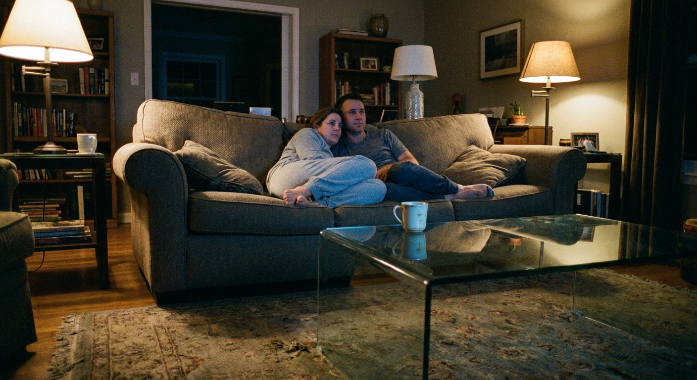 A candid editorial photograph of people watching TV at home, mood loosely
