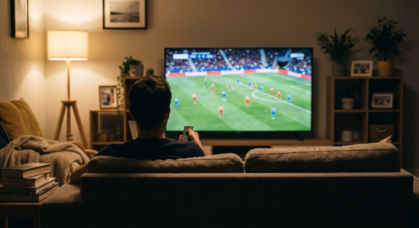 A candid editorial photograph of people watching TV at home, mood loosely