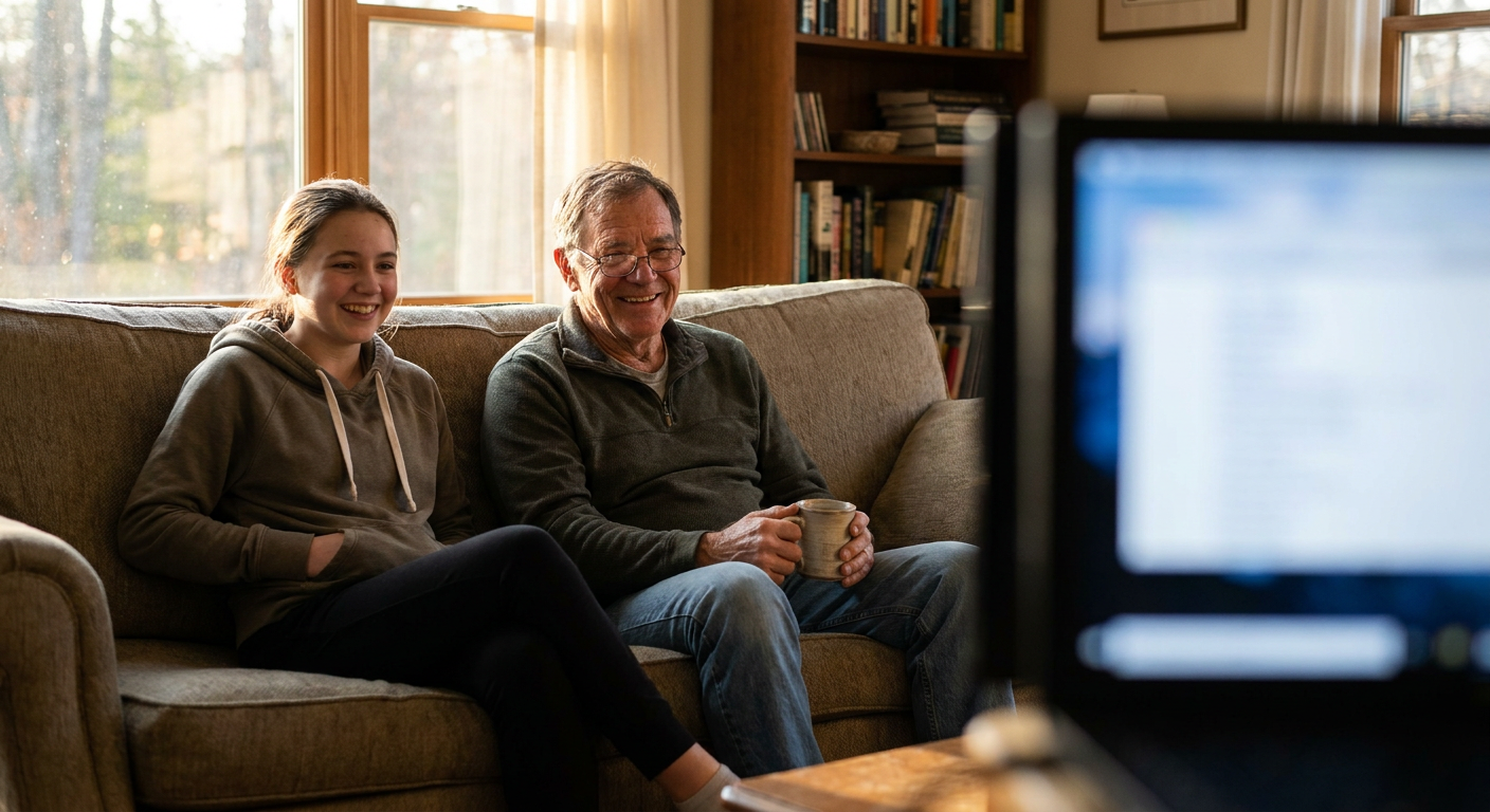 A candid editorial photograph of people watching TV at home, mood loosely