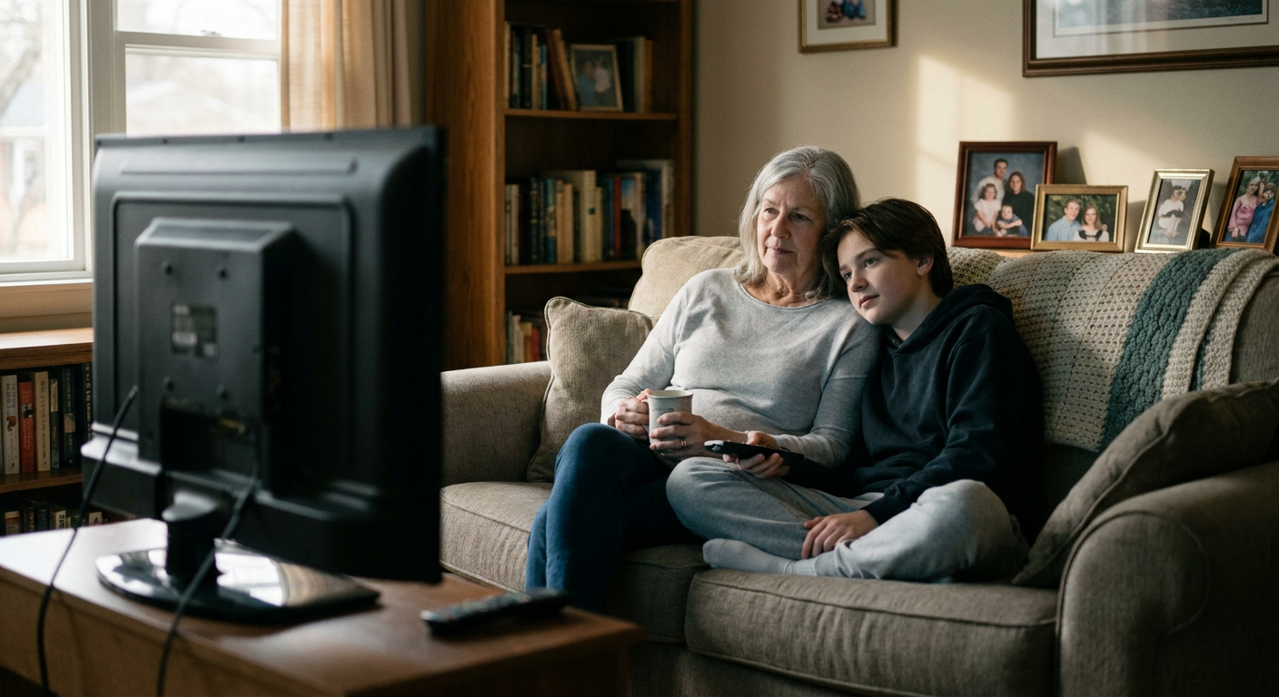 A candid editorial photograph of people watching TV at home, mood loosely