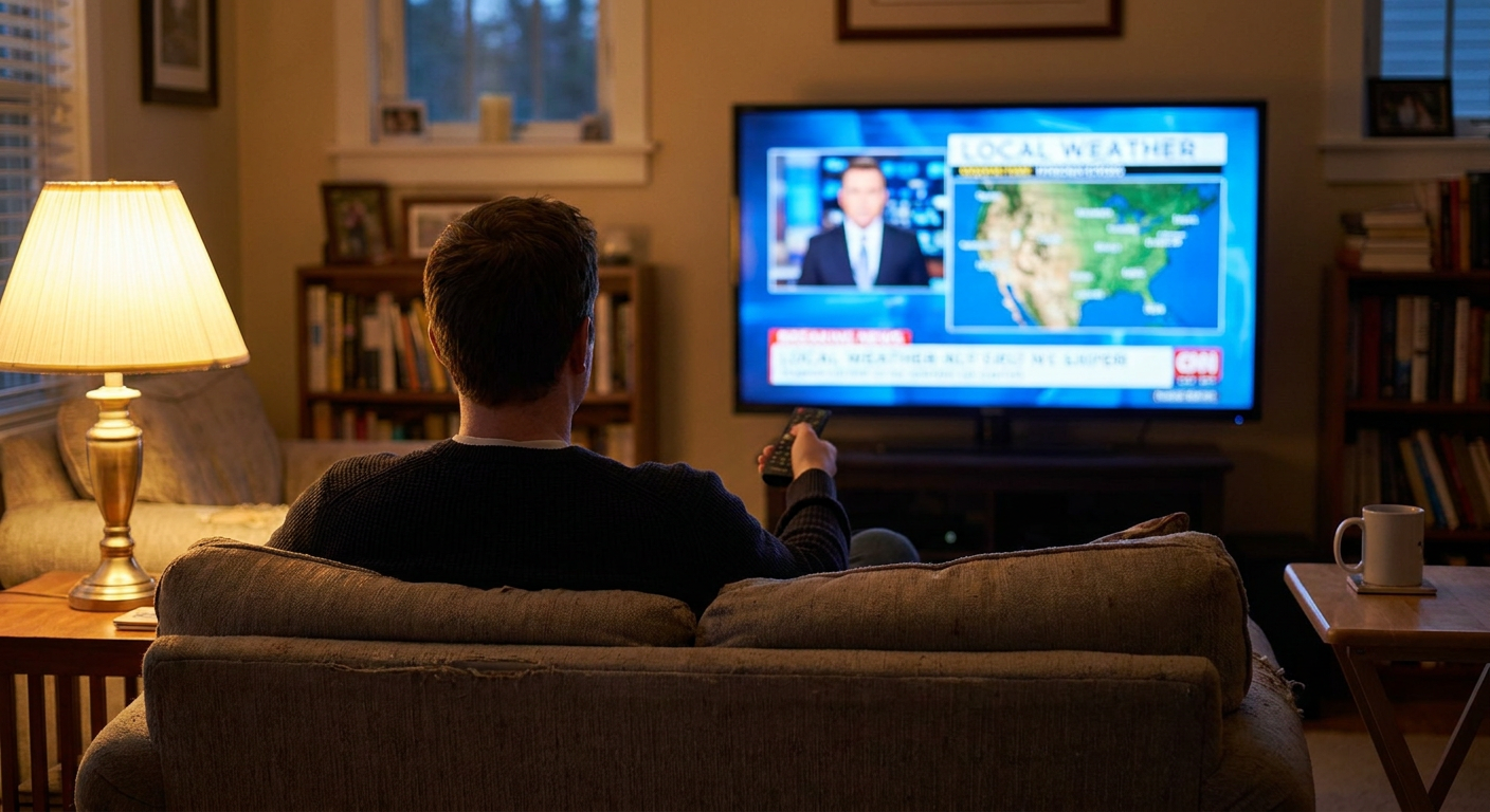 A candid editorial photograph of people watching TV at home, mood loosely