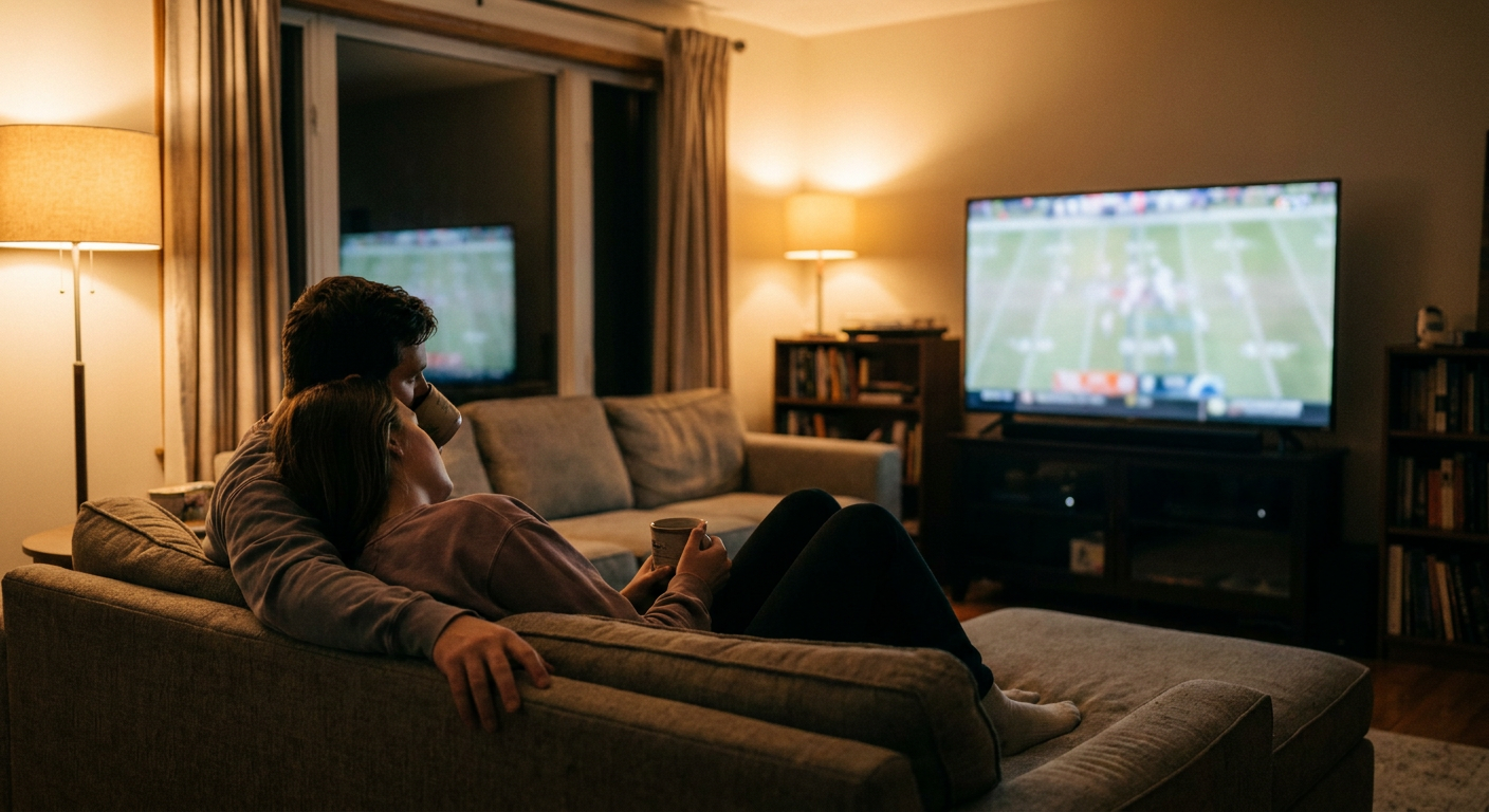 A candid editorial photograph of people watching TV at home, mood loosely