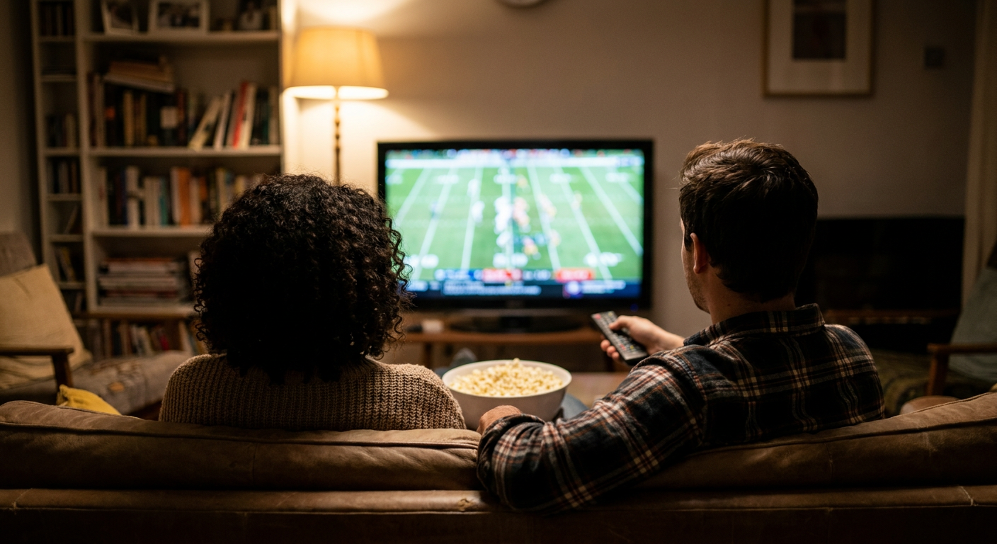 A candid editorial photograph of people watching TV at home, mood loosely