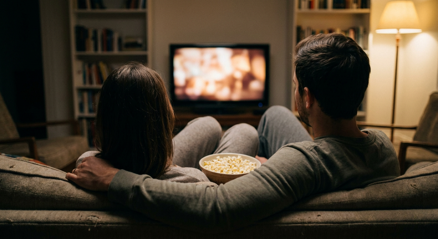 A candid editorial photograph of people watching TV at home, mood loosely