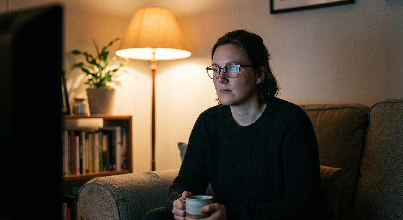 A candid editorial photograph of people watching TV at home, mood loosely