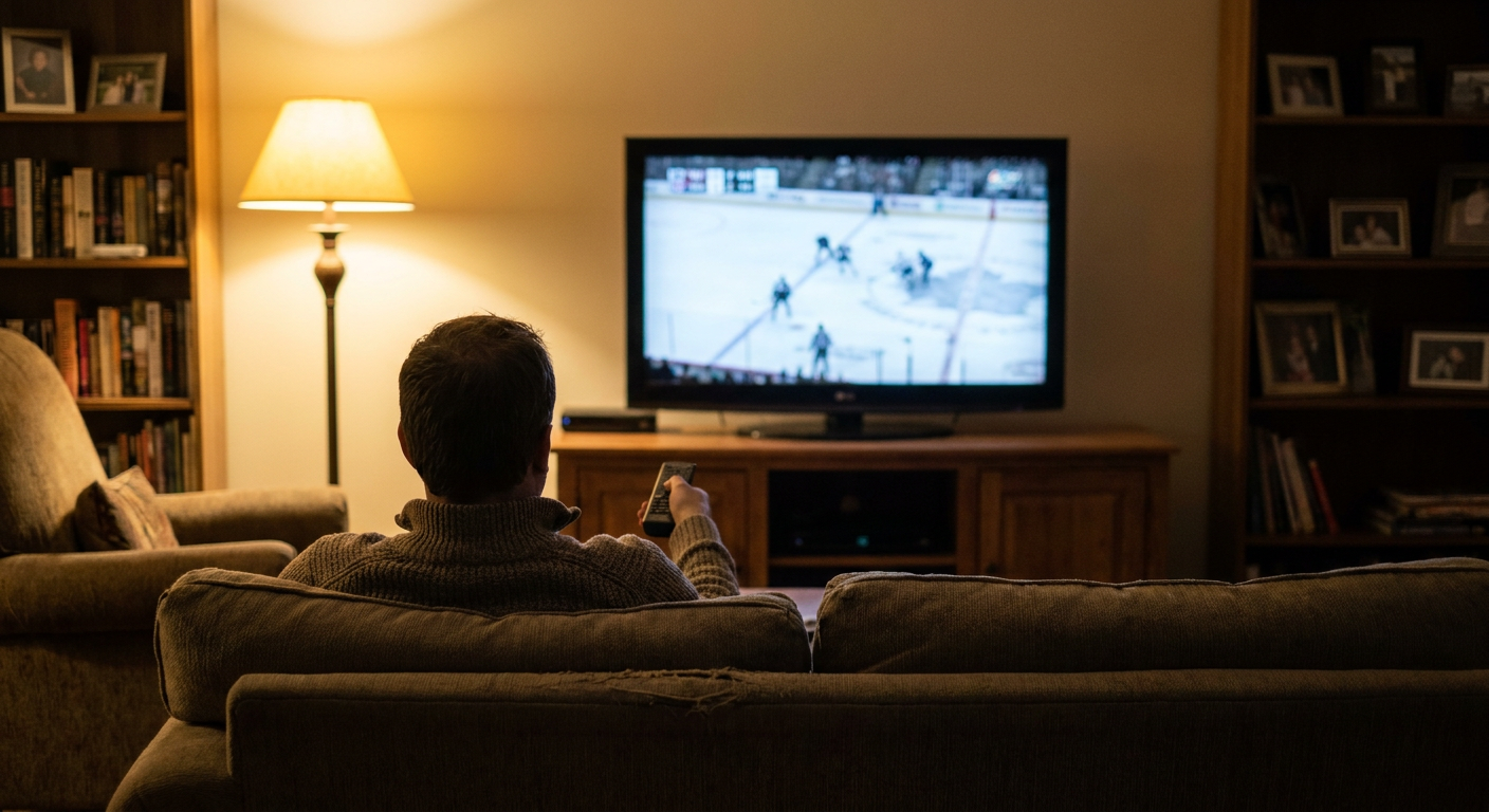A candid editorial photograph of people watching TV at home, mood loosely