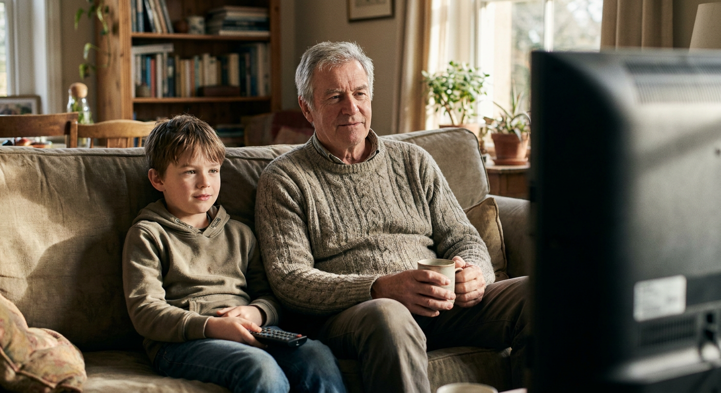 A candid editorial photograph of people watching TV at home, mood loosely
